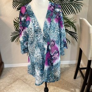 NEW GORGEOUS CAFE SIETE SHEER FLOWERED OPEN CARDIGAN OR SWIMSUIT COVER SZ LG